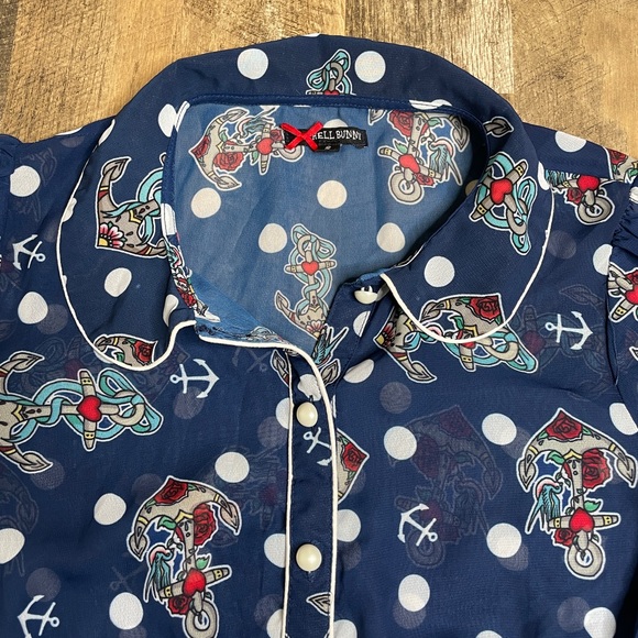 Hell Bunny Oceana Nautical Sailor blouse polka dot anchor print Size small - Picture 3 of 10